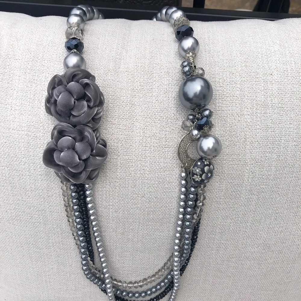 Chico's Silver Floral Multi-Strand Bead Necklace